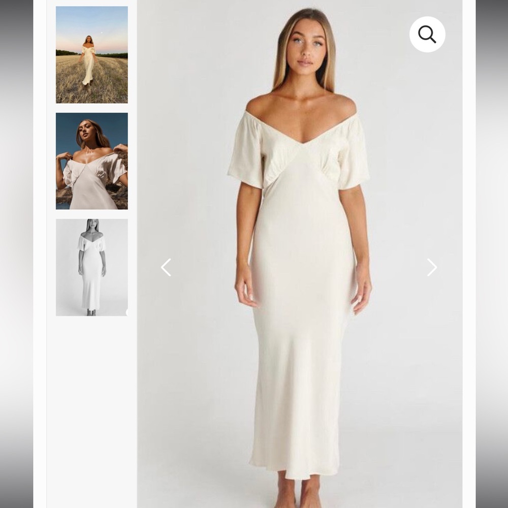 Off-Shoulder Cream Satin Maxi Dress - Picture 2 of 10